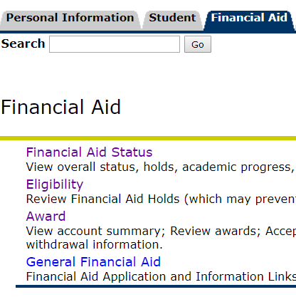 sample financial aid menu