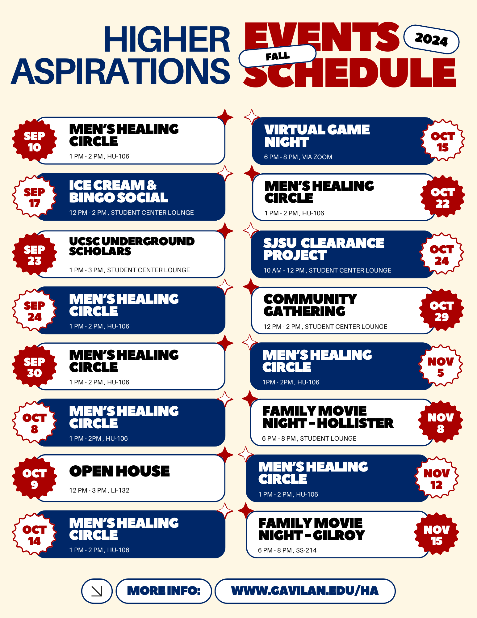 Higher Aspirations program calendar for list of events happening during the fall semester.