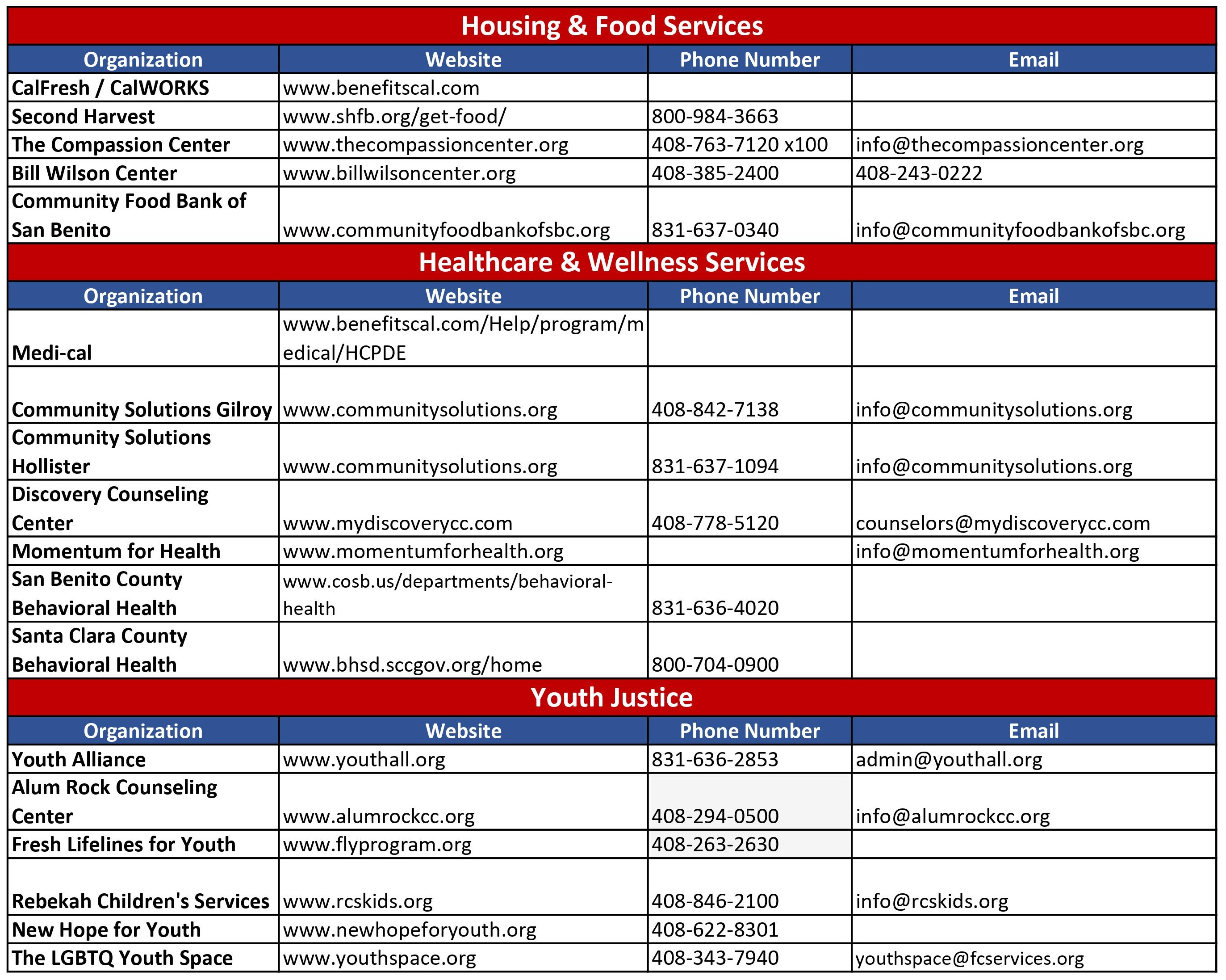 Housing and food, health and wellness, and youth justice services.