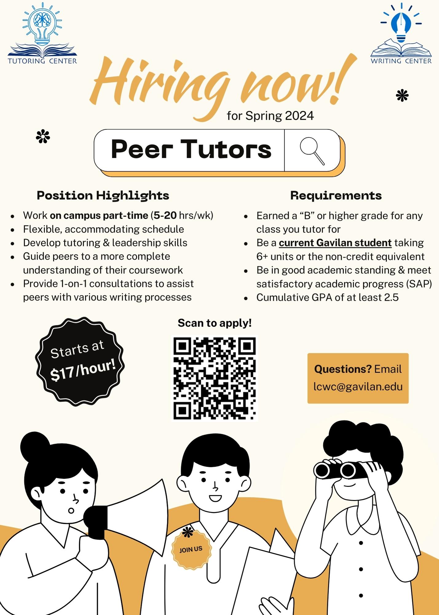 Spring 24 Hiring Flyer with information about peer tutor positions and how to applyl