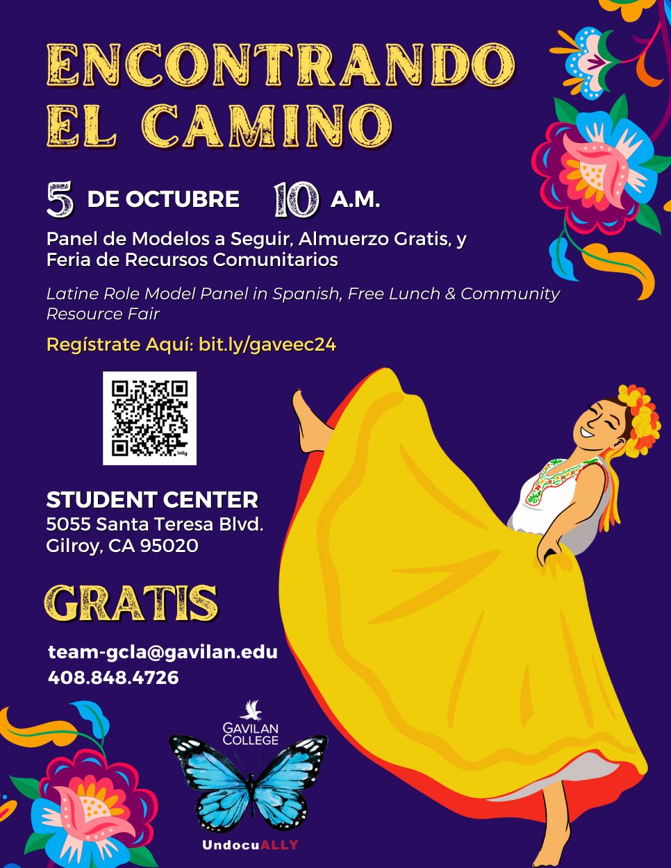 Encontrando el Camino Flyer on a purple background with clipart of a dancing woman wearing a yellow dress and flowers in her hair.  Pink, blue, yellow and purple flowers in the top left and bottom right corner, with the blue butterfly logo and the blue hawk Gavilan College logo