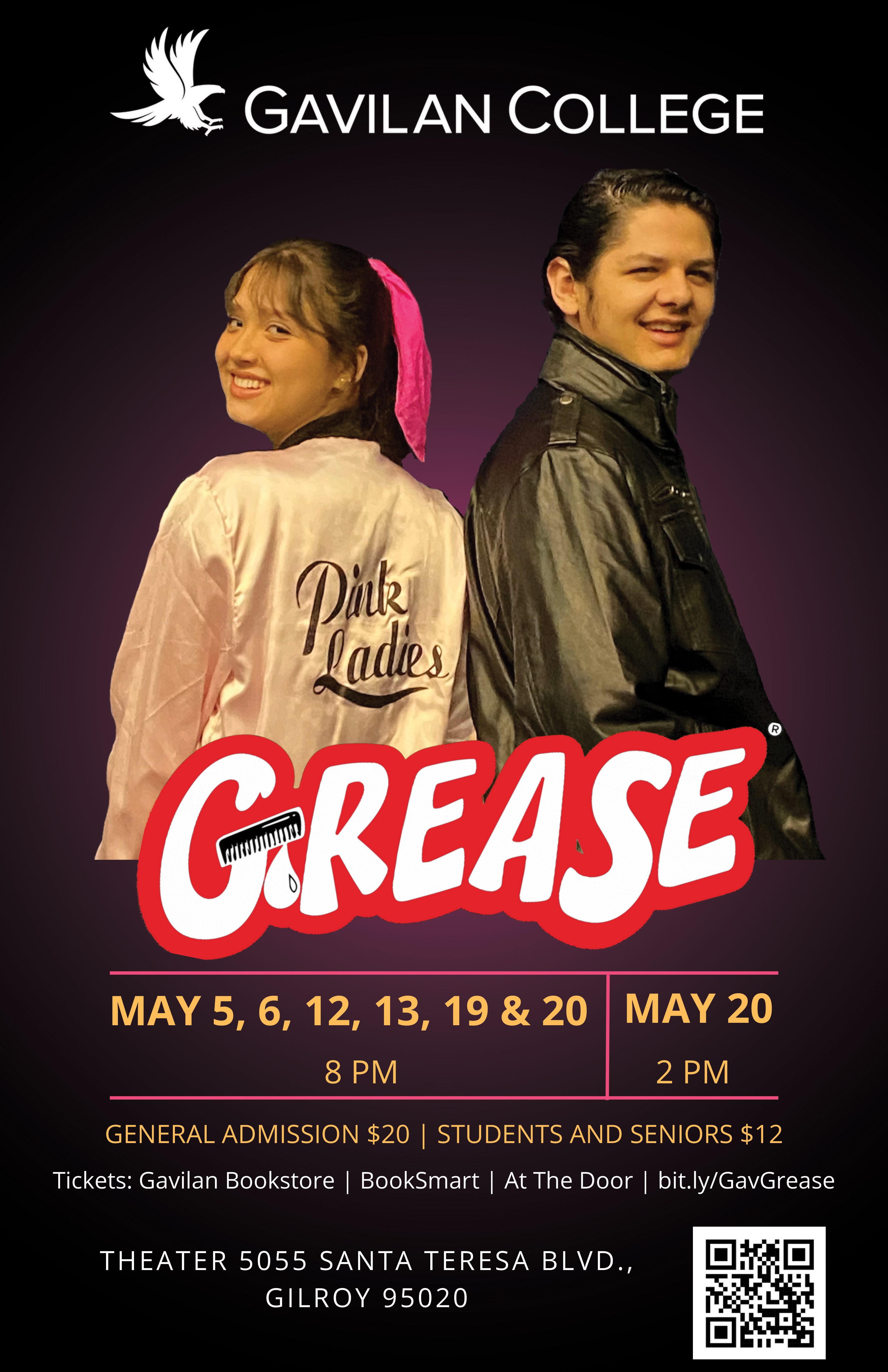 Poster with Grease logo in red and actress in "pink ladies" jacket, and pink scarf in ponytail.  Male actor in black leather jacket.