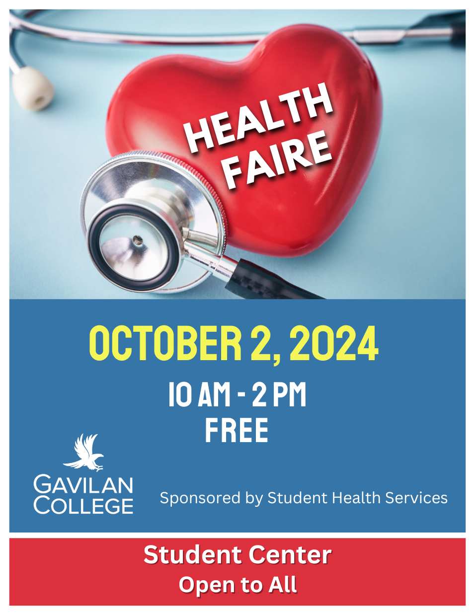 Health Faire image with information typed below and photo of a plastic heart and stethoscope on a blue background with a red stripe on the bottom