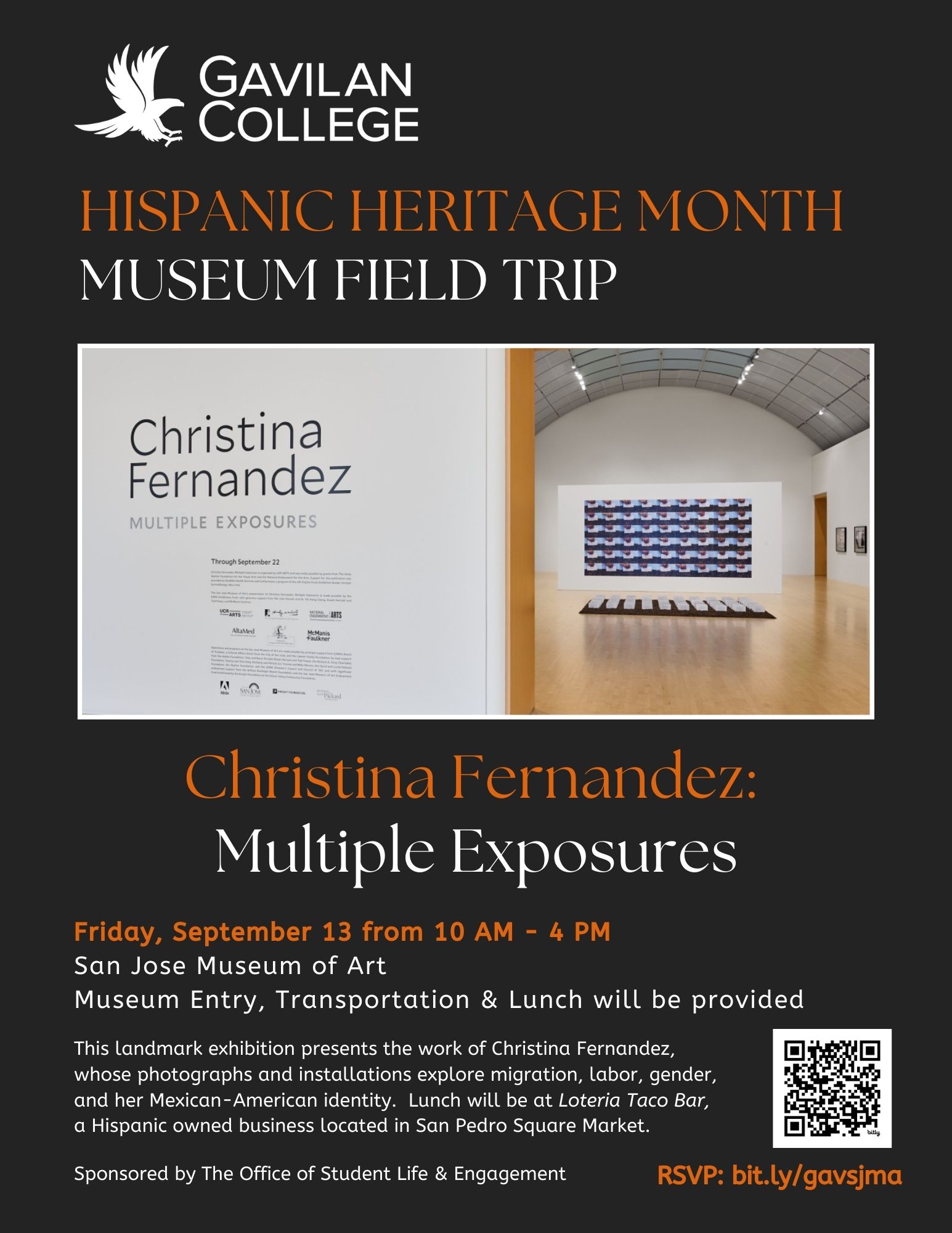 Hispanic Heritage Month Museum Field Trip flyer with a photo of the art show on a black background with an orange headline and the Gavilan College hawk logo 