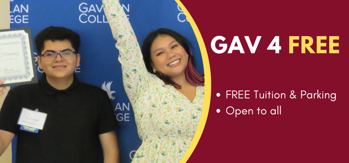 GAV 4 FREE - FREE Tuition and parking, Open to all on red background with white letters.  Female student in dress smiling at camera with yellow outline around photo.