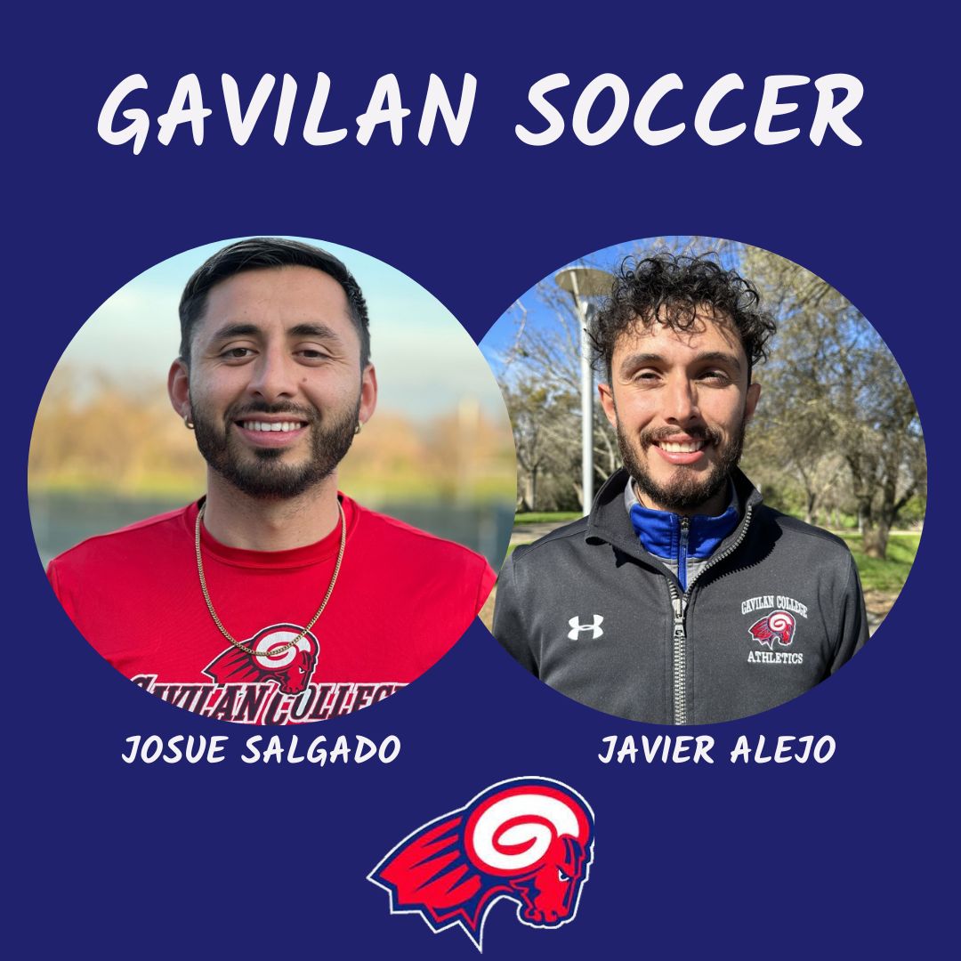 Gavilan Soccer on blue background with rams sports logo on the bottom in red.  Josue Salgado on the left in red Gavilan shirt and Javier Alejo on the right in gray Gavilan jacket.