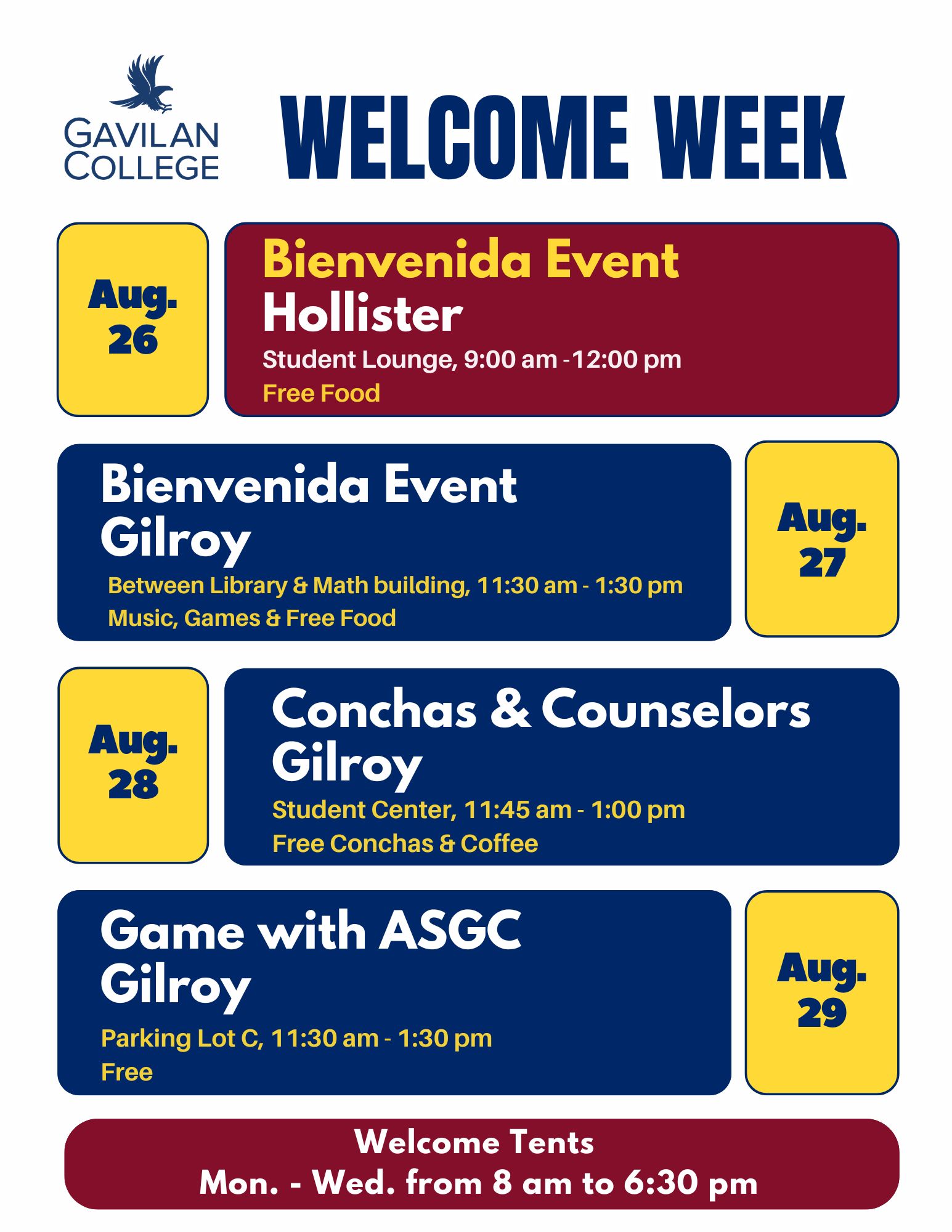 WELCOME WEEK Flyer with all information listed below in red, blue and yellow boxes and the Gavilan College blue hawk logo in the corner