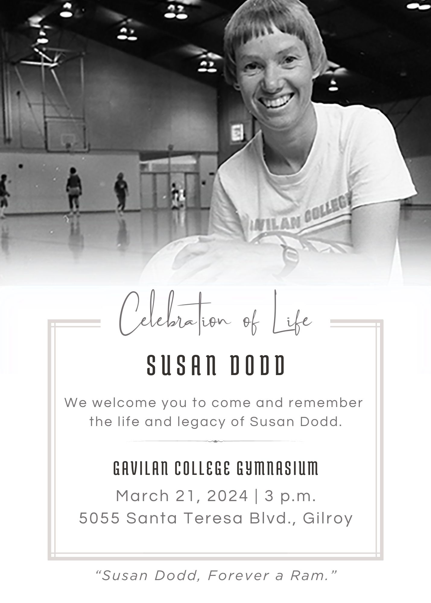 Susan Dodd celebration of life invite with black and white photo of Susan.